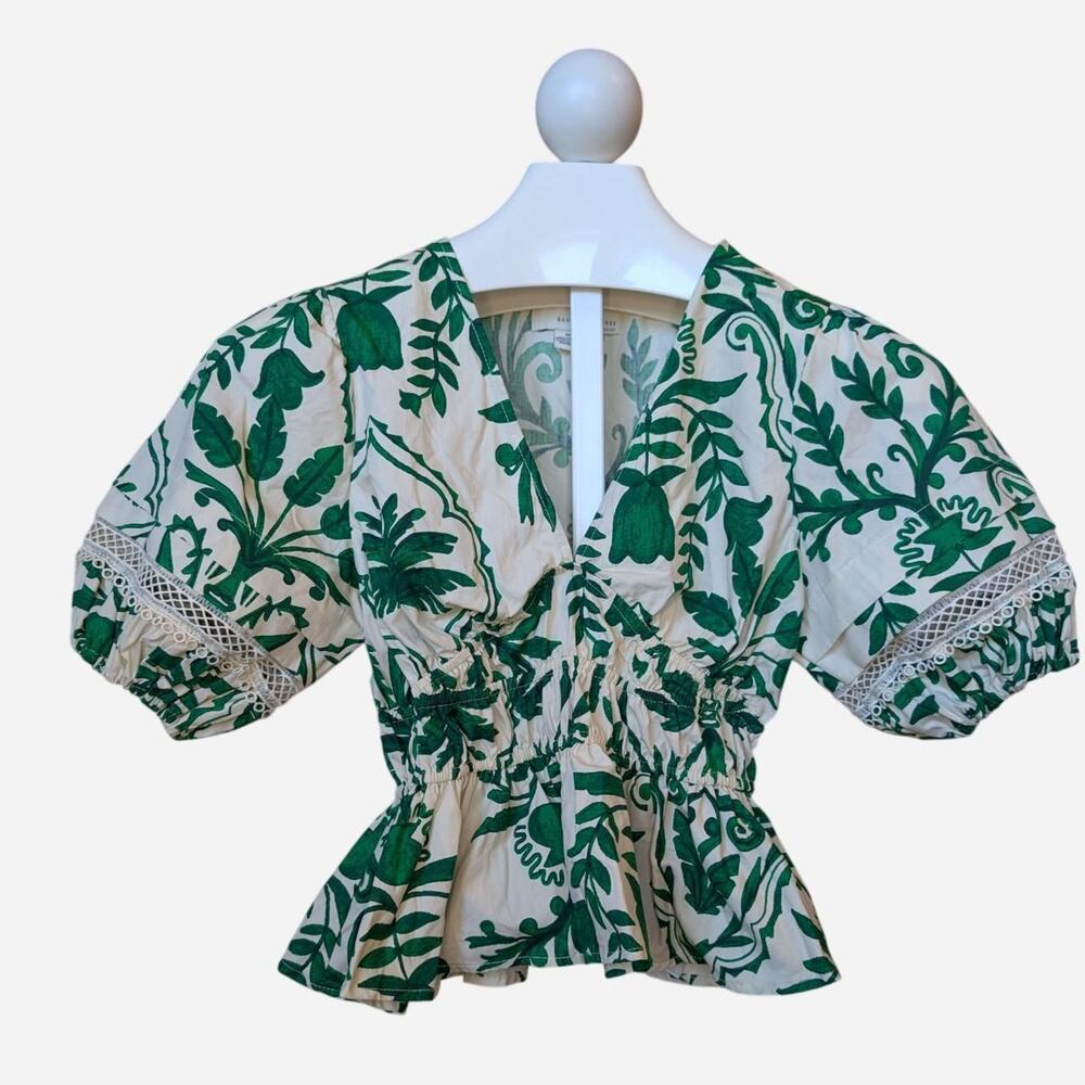 Band of the Free Green Tropical Floral Puff Sleeve Lace Trim Peplum Top XS